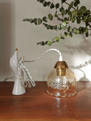Lampe baladeuse globe verre ancien ambré sérigraphie florale vintage rétro Bloomis