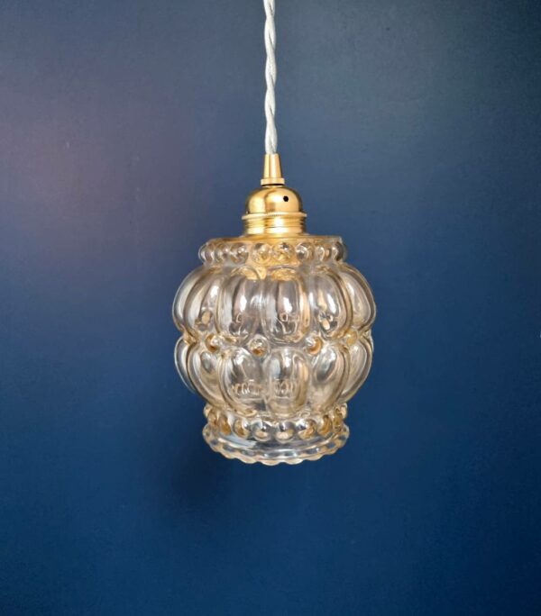 Suspension globe en verre ambré et câble torsadé, luminaire vintage Bloomis