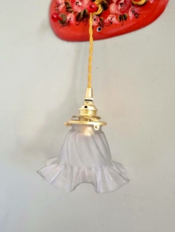 Lampe baladeuse tulipe en verre avec son cordon tressé. Luminaire vintage & upcycling Bloomis.