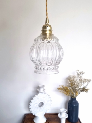 Lampe baladeuse globe verre et son cordon tressé à personnaliser. Luminaire vintage Bloomis