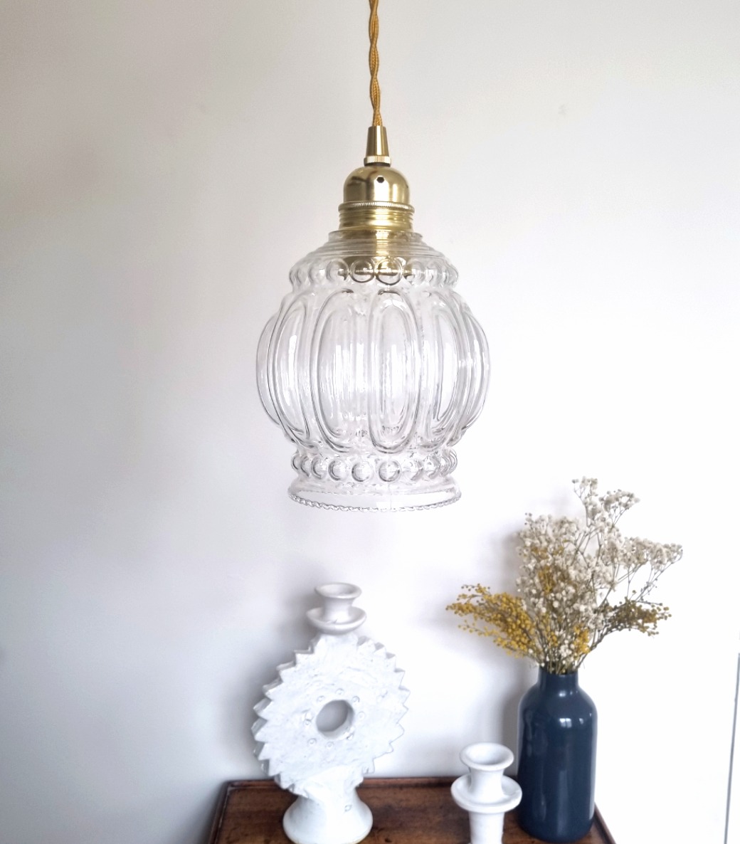 Lampe baladeuse globe verre et son cordon tressé à personnaliser. Luminaire vintage Bloomis