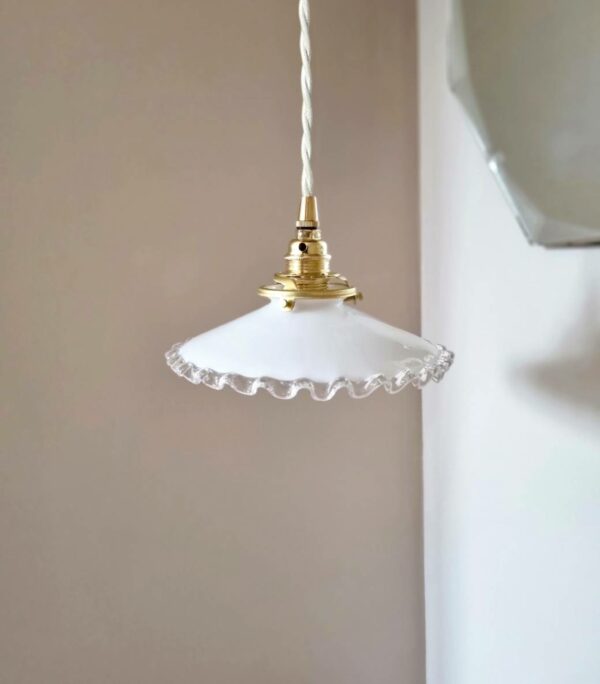 Lampe baladeuse opaline et son cordon tressé à personnaliser. Luminaire vintage Bloomis