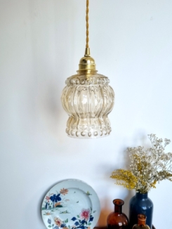 Suspension globe en verre ambré et câble torsadé, luminaire vintage Bloomis