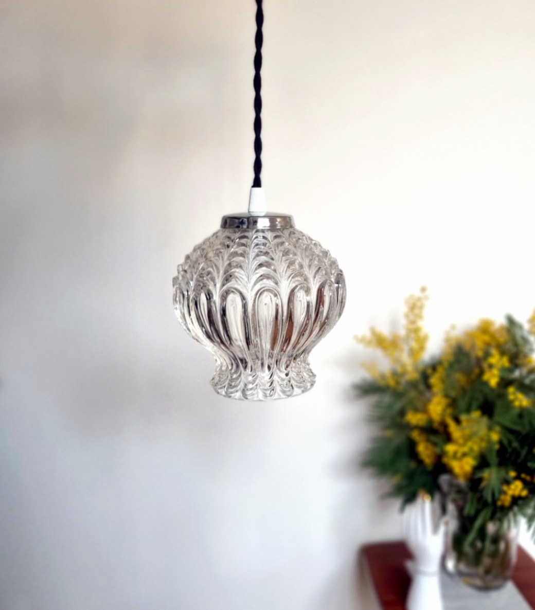 Lampe baladeuse globe verre et son cordon tressé à personnaliser. Luminaire vintage Bloomis